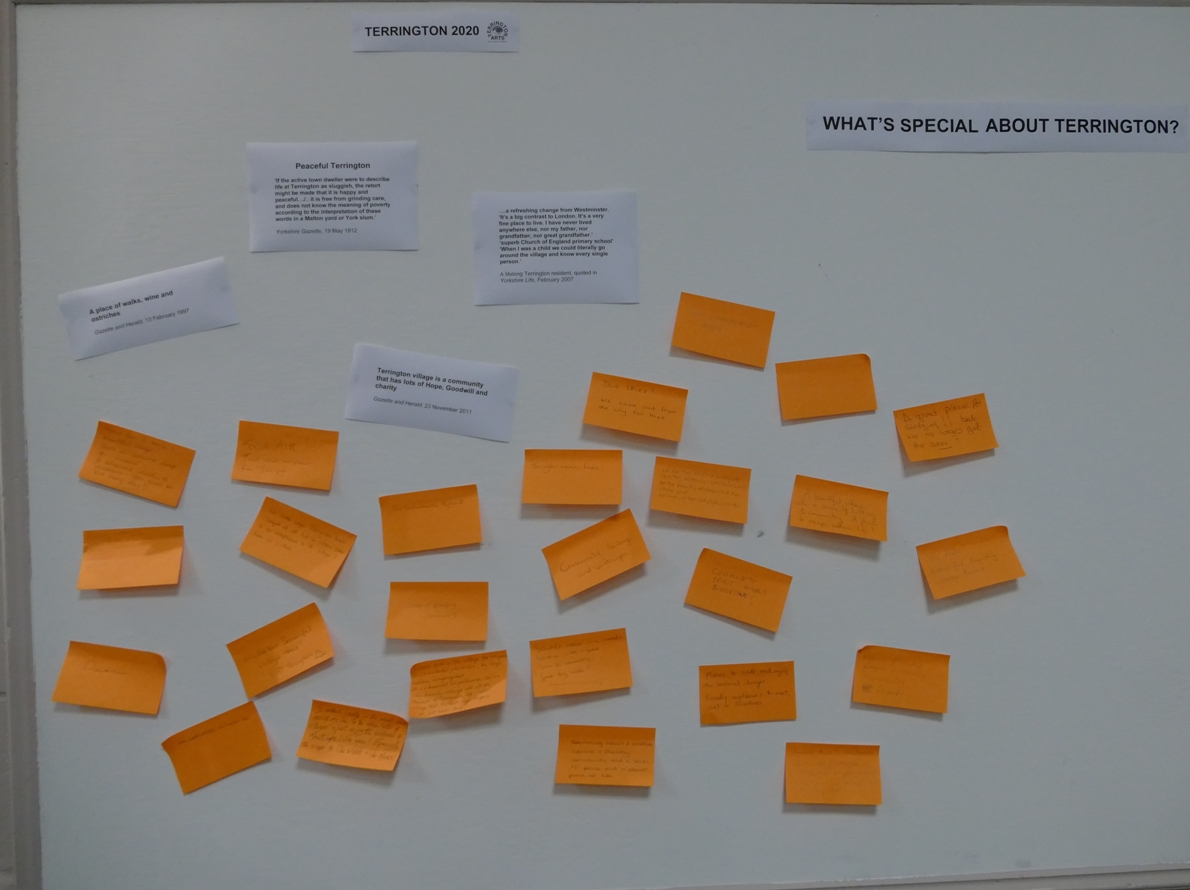 Board with post-it notes on which people had written about what makes Terrington special to them